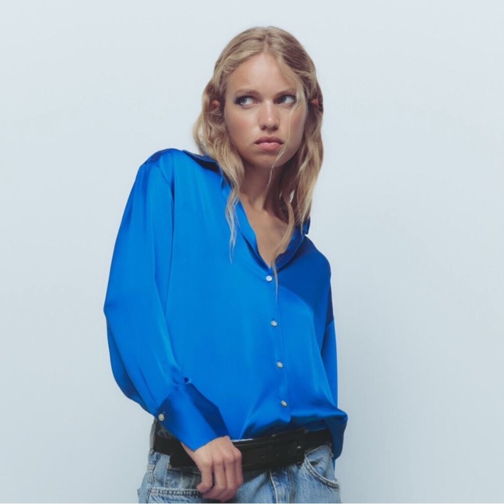 Oversized Zara SATIN EFFECT SHIRT - ELECTRIC BLUE